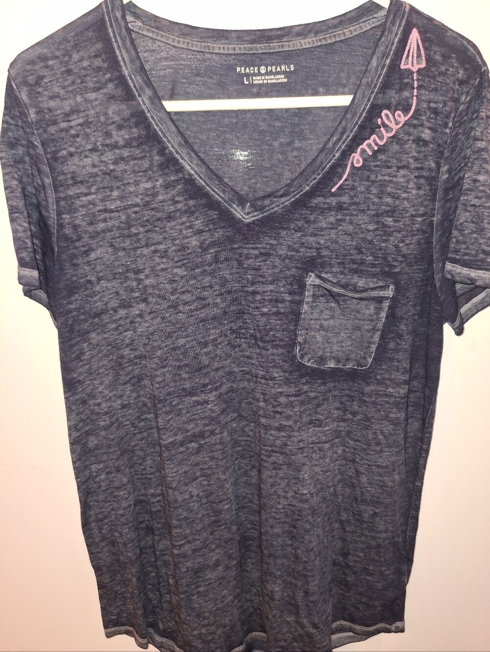 Peace & Pearls Womens Charcoal V-Neck Tee with Pink 'Smile' Accent